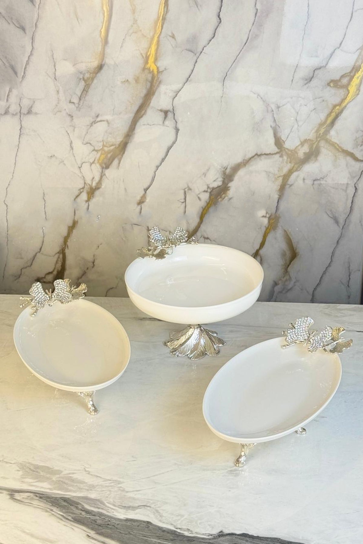 3 Parça Porselen Kayık Tabak Kase Seti & Oval Meze Tabağı Salata Kasesi Seti