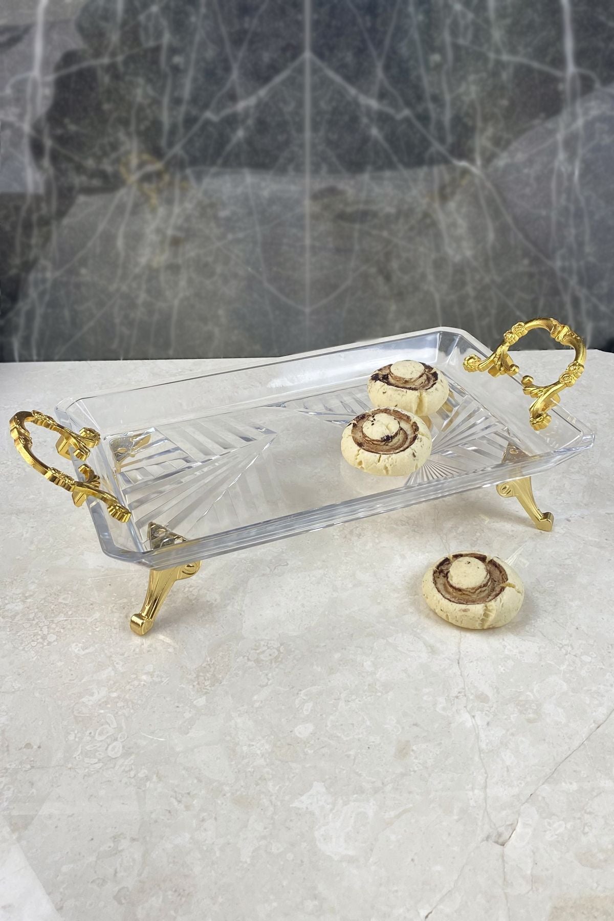 Lüks Gold Kulplu Cam Sunumluk Tepsi & Madlen Cam Sunumluk Servislik Tabak Nişan Tepsisi