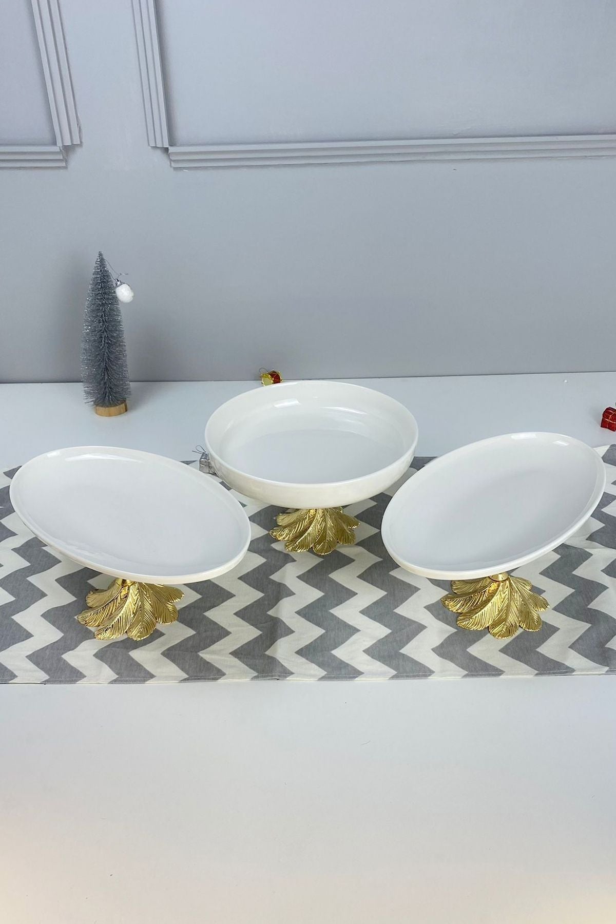 3'Lü Porselen Kand Ayaklı Sofra Sunum Tabağı Seti & Meze Yemek Tatlı Salata Sunumluğu