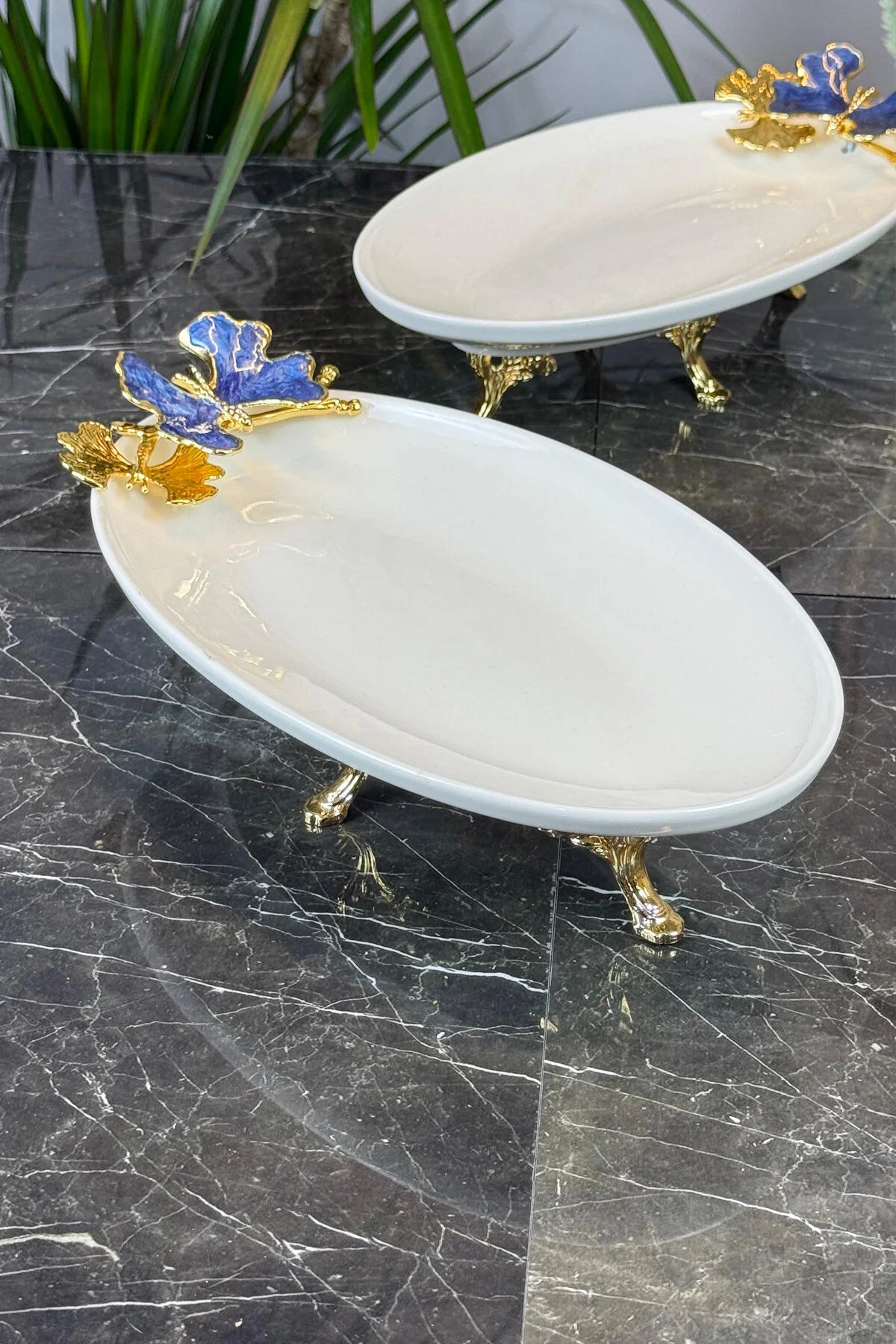 Blue Butterfly 3'Lü Sunum Servis Seti & Gold Ayaklı Kayık Yuvarlak Tabak