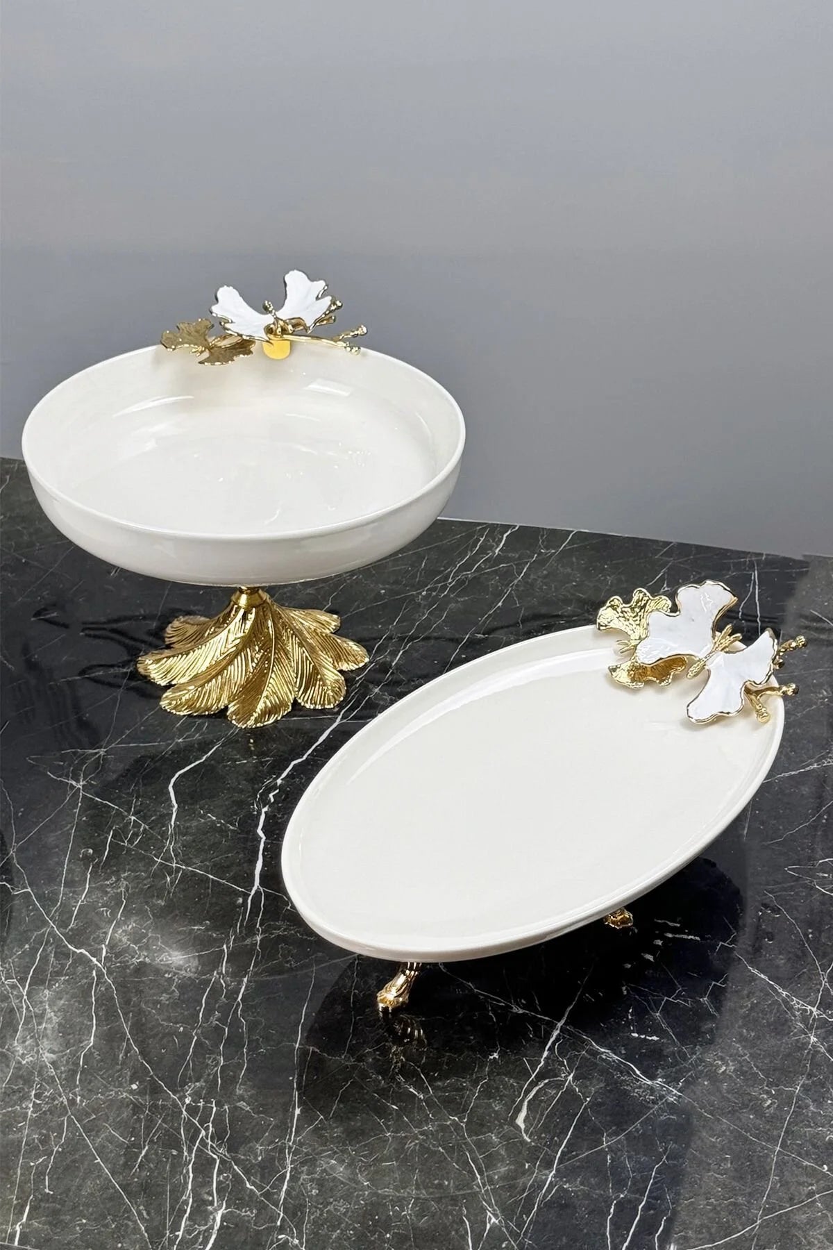 White Butterfly 3 Parça Porselen Sunum Servis Seti & Kand Ayak Salata Kase Oval Meze Tabağı