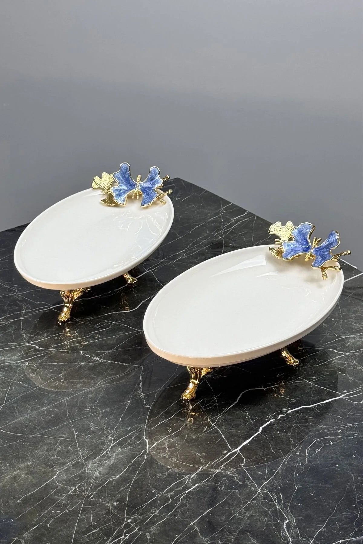Blue Butterfly 2'Li Oval Sunumluk Mezelik Tabak & Gold Ayaklı Kayık Tabak