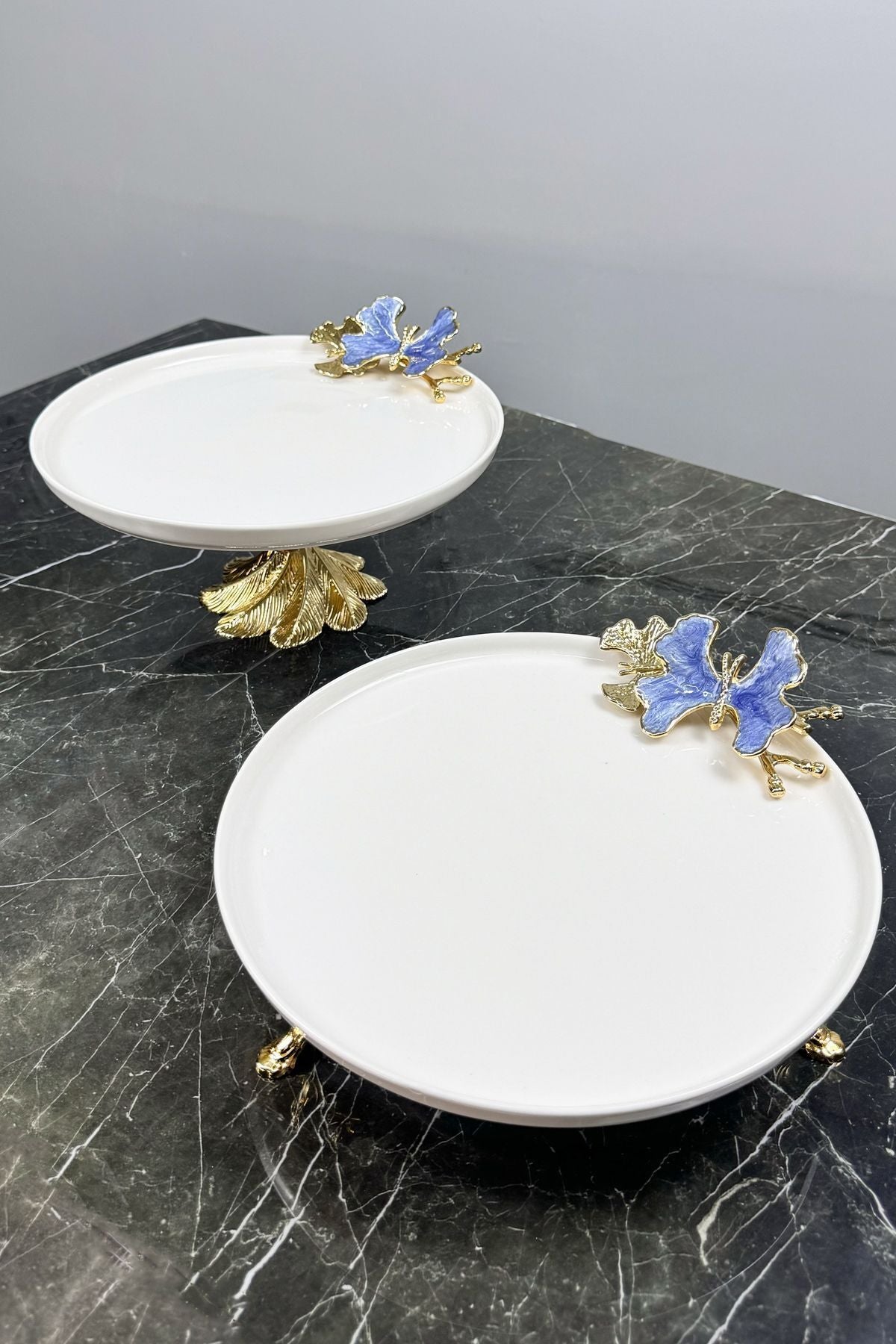 Blue Butterfly 2'Li Gold Ayaklı Porselen Tabak Seti