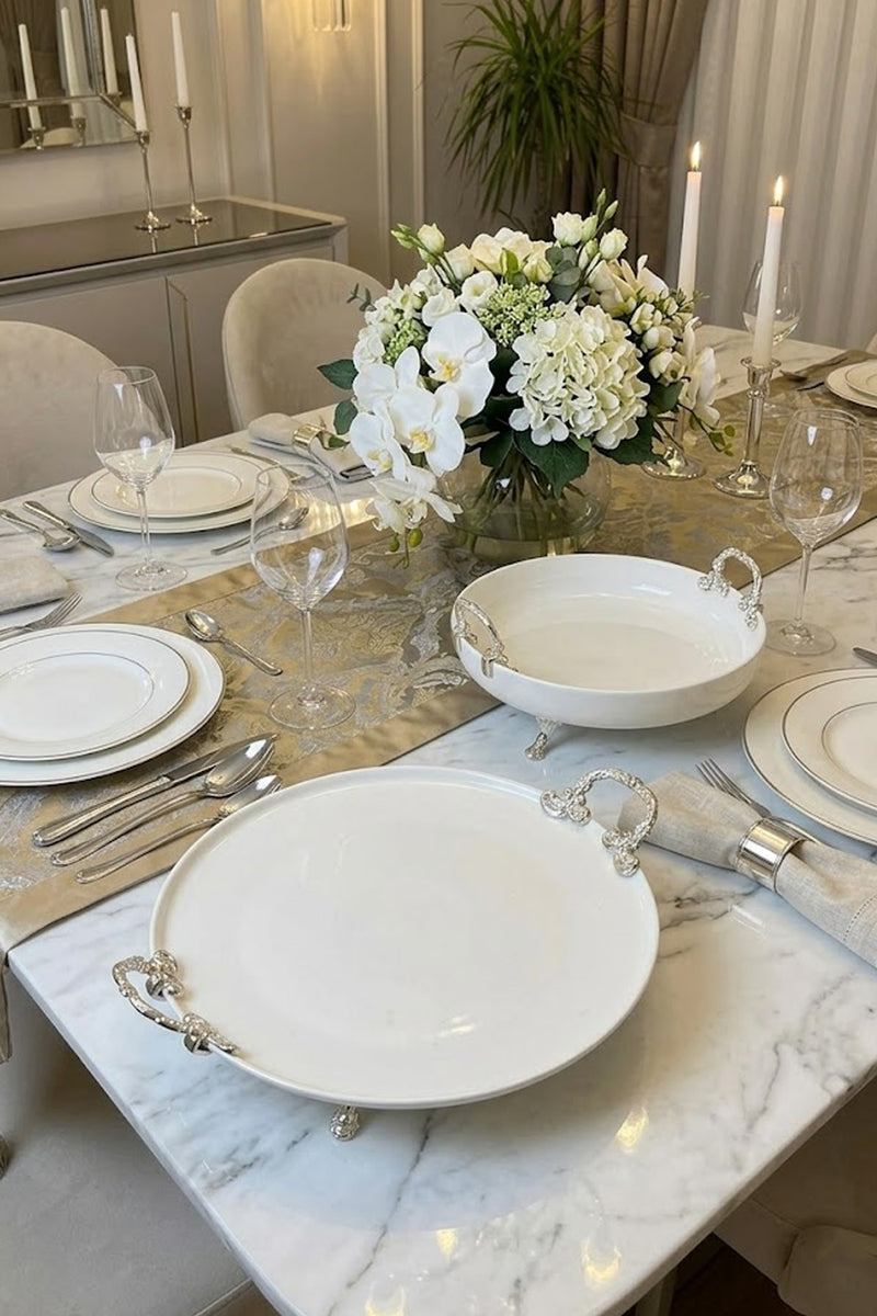 2'Li Metal Ayaklı Kulplu Porselen Sunumluk & Meze Pasta Kurabiye Servis Tabağı