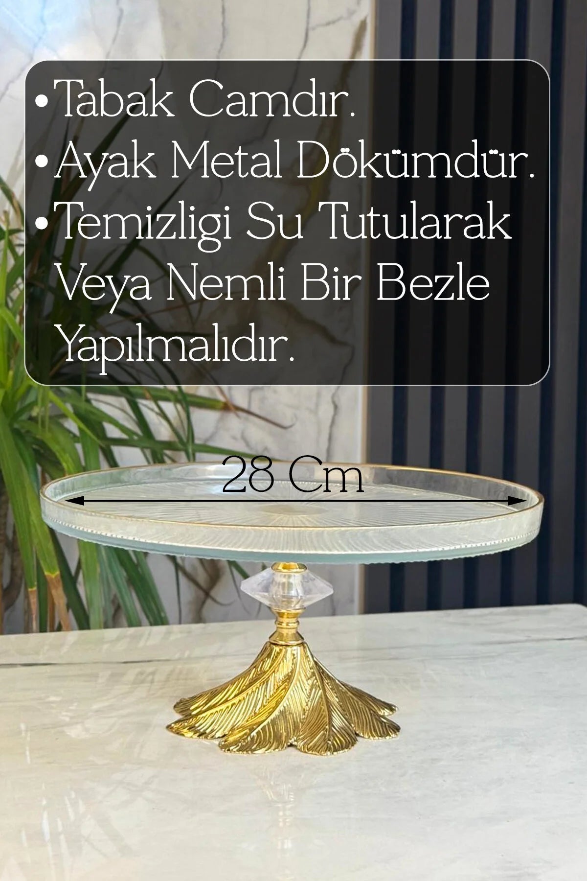 Gold Detaylı Cam Sunum Tabağı & Ayaklı Pasta Kek Kurabiye Standı (28 Cm)