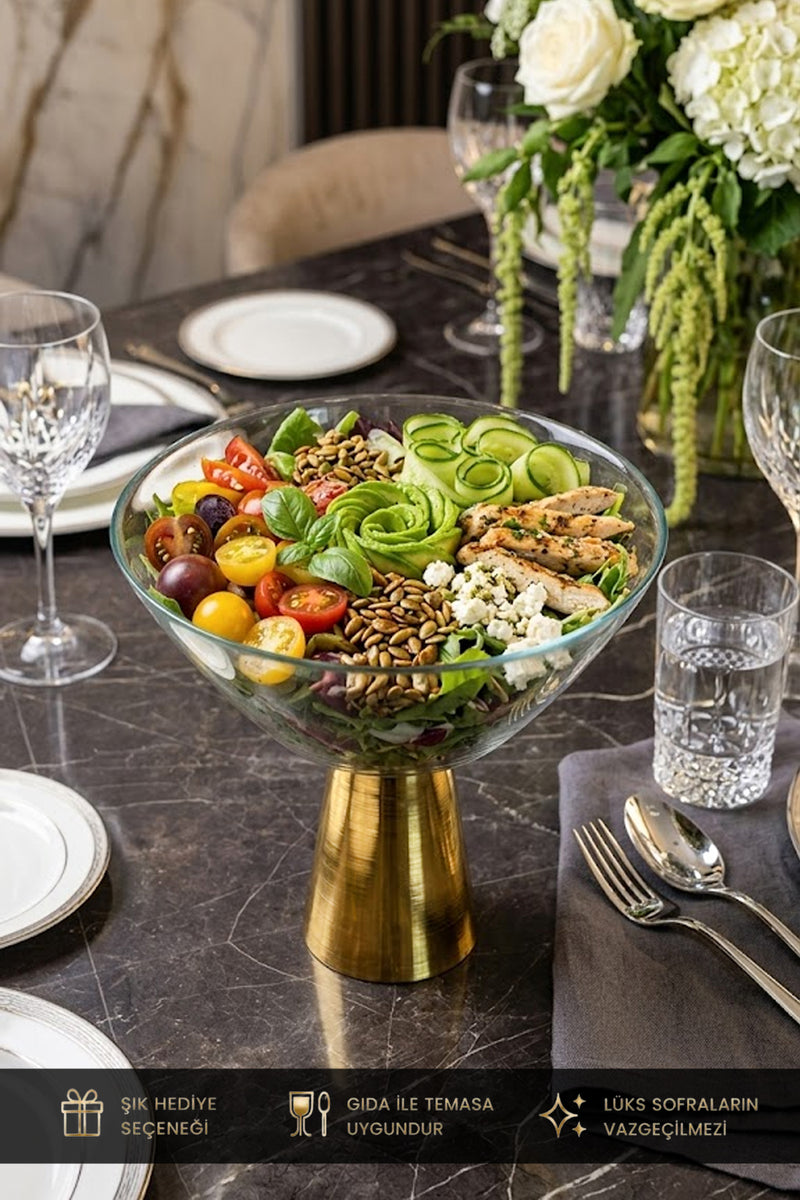 Gold Metal Ayaklı Cam Sunumluk Salata Meyve Tatlı Servis Kasesi