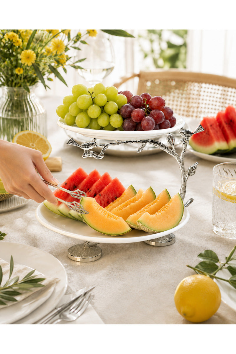 Porselen Lüks Sunum Tabağı Gümüş 2 Katlı & Kurabiyelik Meyve Yemek Servisliği