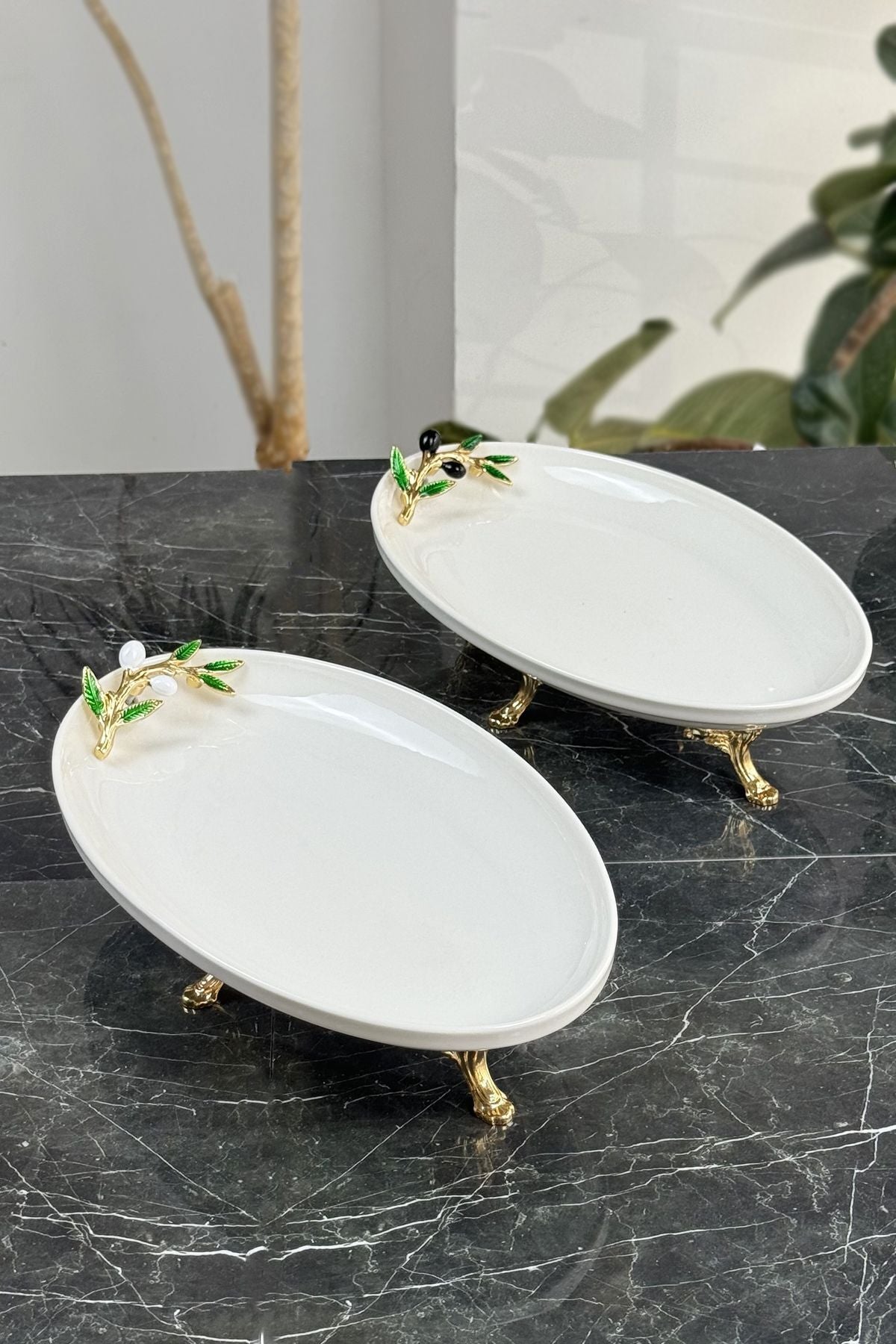 2'li Oval Porselen Sunum Tabağı Seti & Ayaklı Ikramlık Meze Tabağı