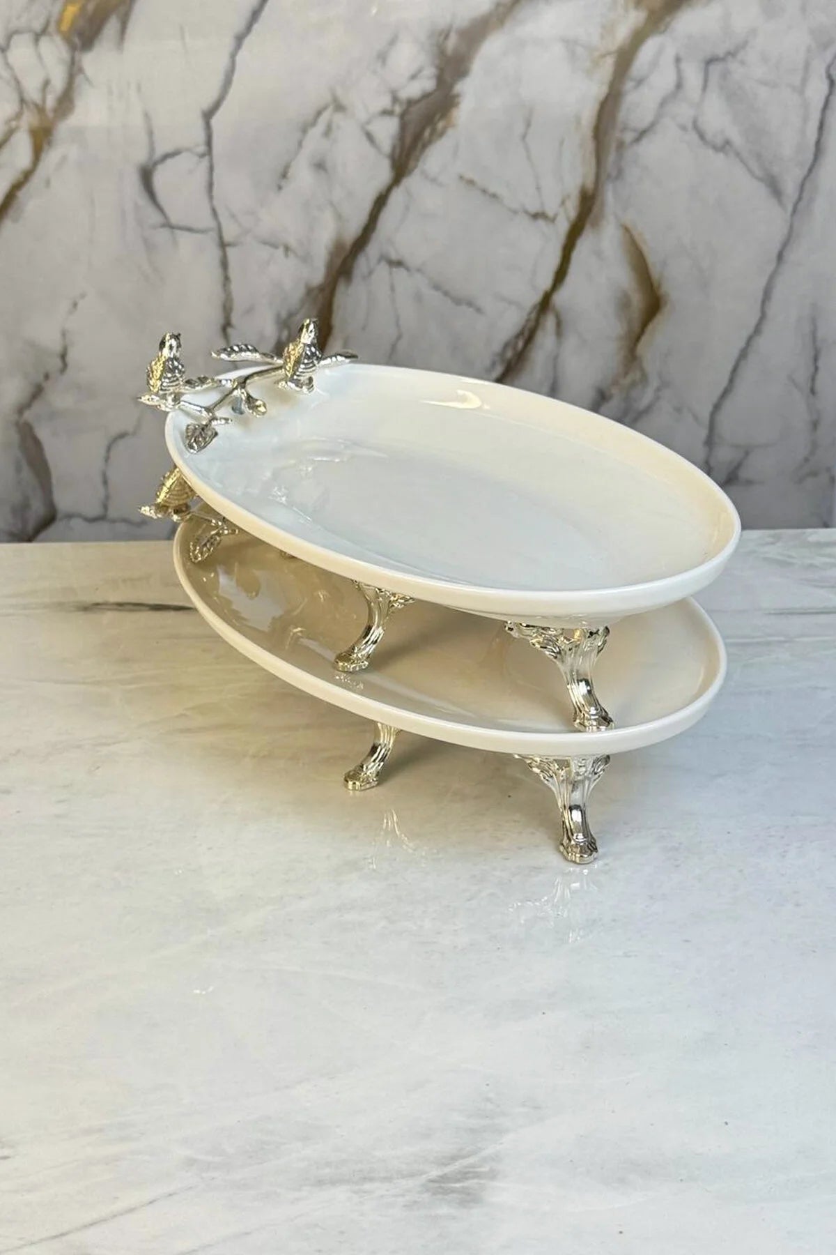 2'Li Oval Porselen Sunumluk Servsilik & Ayaklı Kayık Meze Tabağı