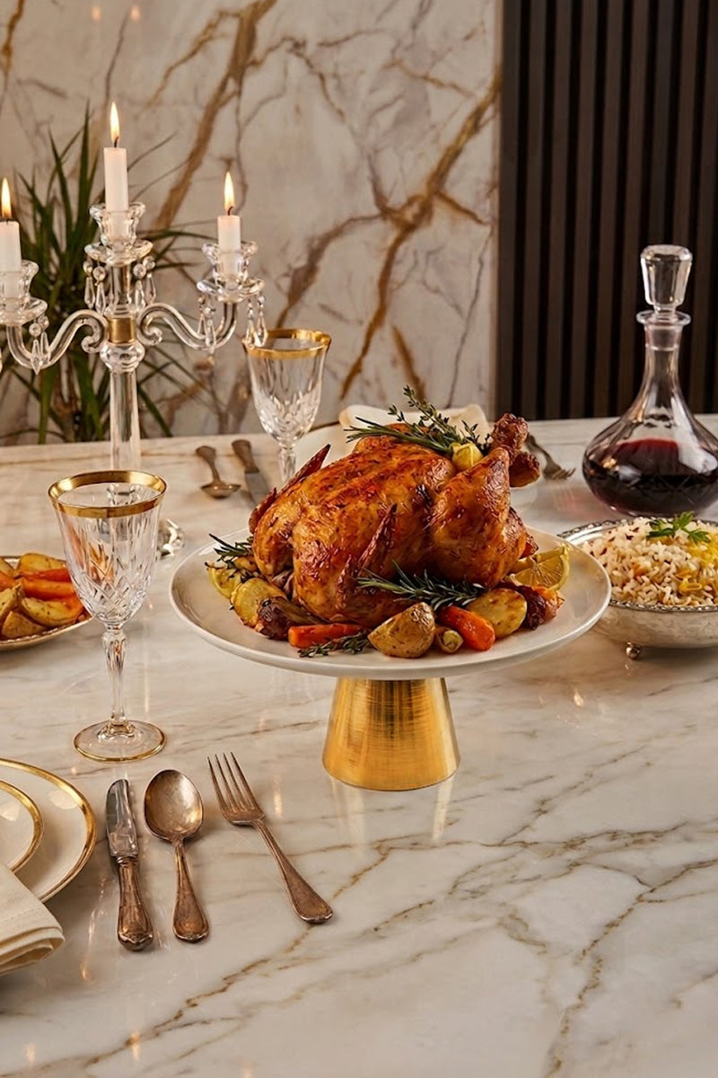 Porselen Gold Metal Ayaklı Tabak & Pasta Kek Kurabiye Sunumluğu Servisliği ( Yıkanabilir)