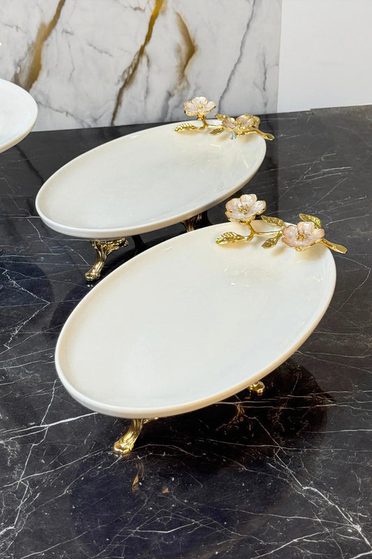 Laleza Taban Ayaklı 2'Li Oval Meze Sunum Tabağı & Porselen Kayık Tabak