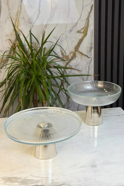 2'Li Yaldızlı Cam Lüks Set & Tabak Kase Sunum Servis Seti