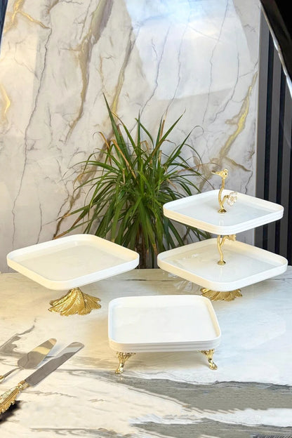 3 Parça Gold Detaylı Porselen Sunum Tabağı Seti & Kurabiyelik Pasta Yemek Servisliği