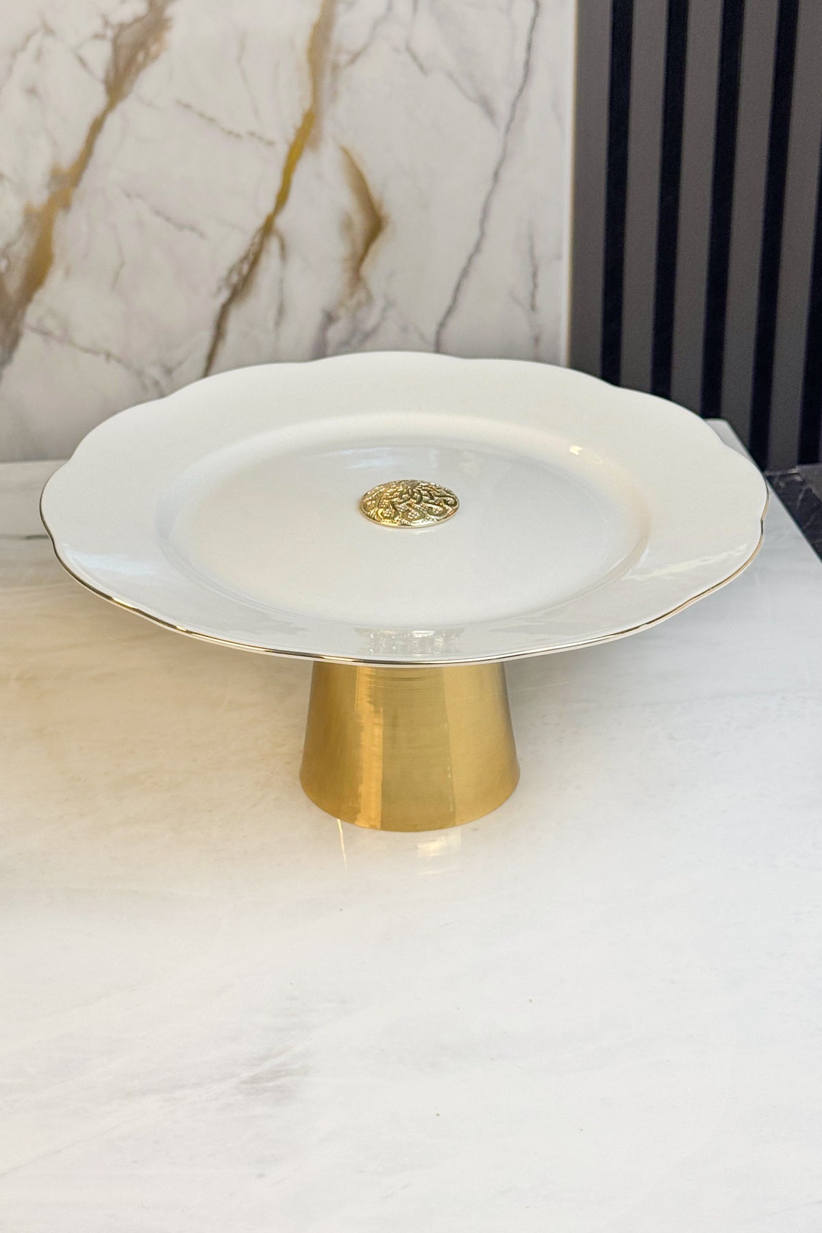 Gold Detaylı Porselen Pasta Sunum Standı & Kurabiye Kek Sunumluğu