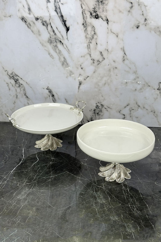 2'Li Porselen Gümüş Kand Ayaklı Kulplu Sofra Sunum Tepsi Tabak Seti & Meze Yemek Salata Sunumluğu