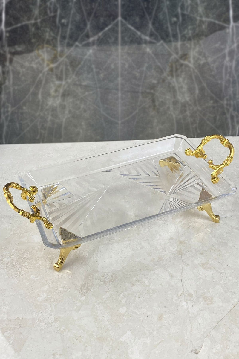 Lüks Gold Kulplu Cam Sunumluk Tepsi & Madlen Cam Sunumluk Servislik Tabak Nişan Tepsisi