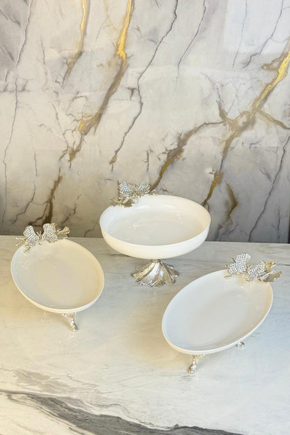 3 Parça Porselen Kayık Tabak Kase Seti & Oval Meze Tabağı Salata Kasesi Seti
