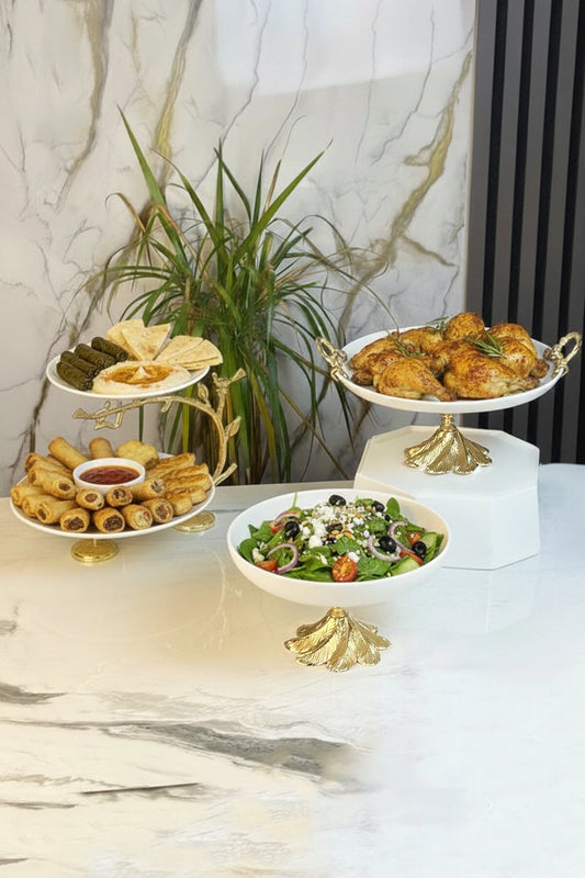 Porselen Kand Ayaklı 3'Lü Sofra Sunum Servis Seti & Kase Kulplu Tepsi 2 Katlı Kurabiyelik Tabak