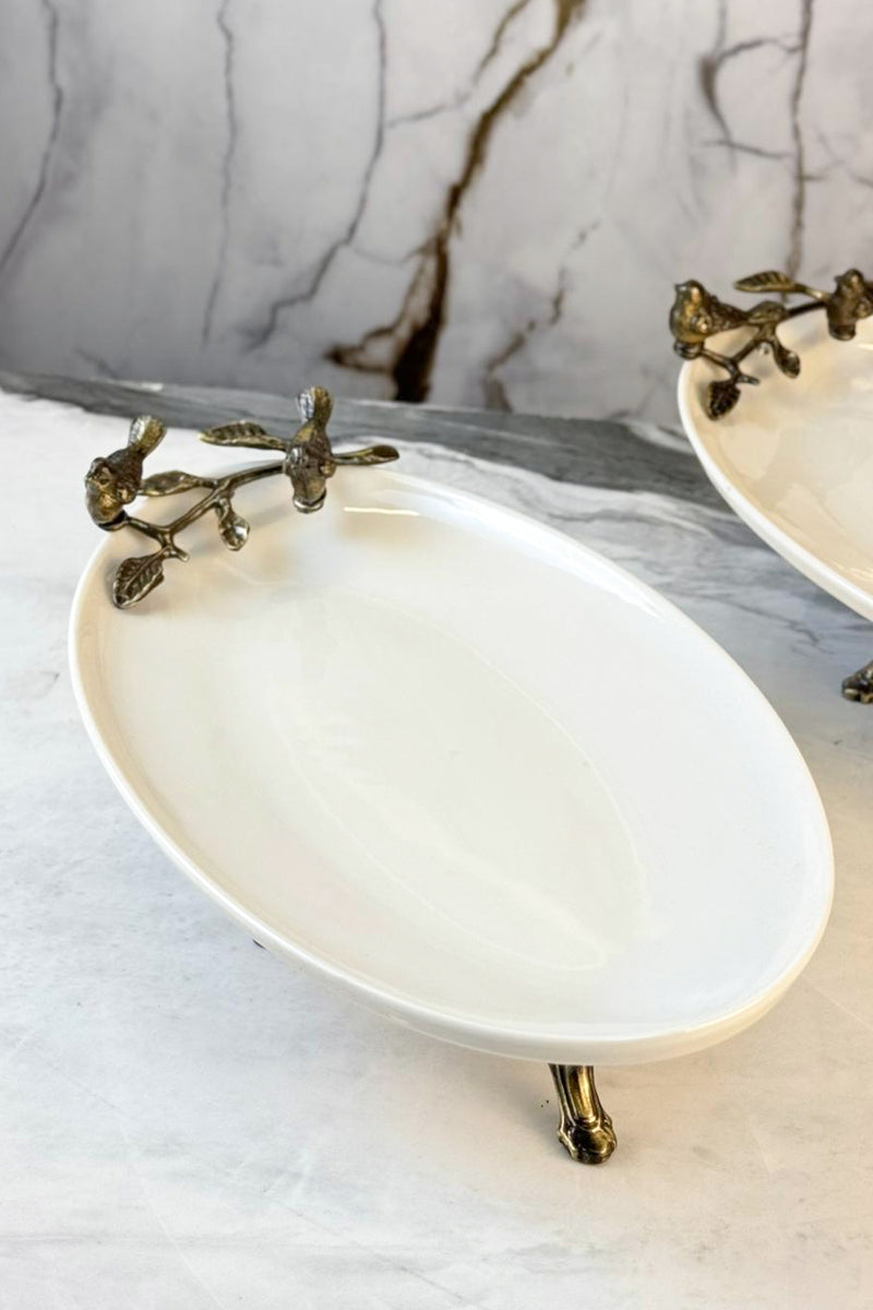 4 Parça Porselen Antik Kuş Sunum Tabak Seti & Oval Meze Yemek Sunumluğu