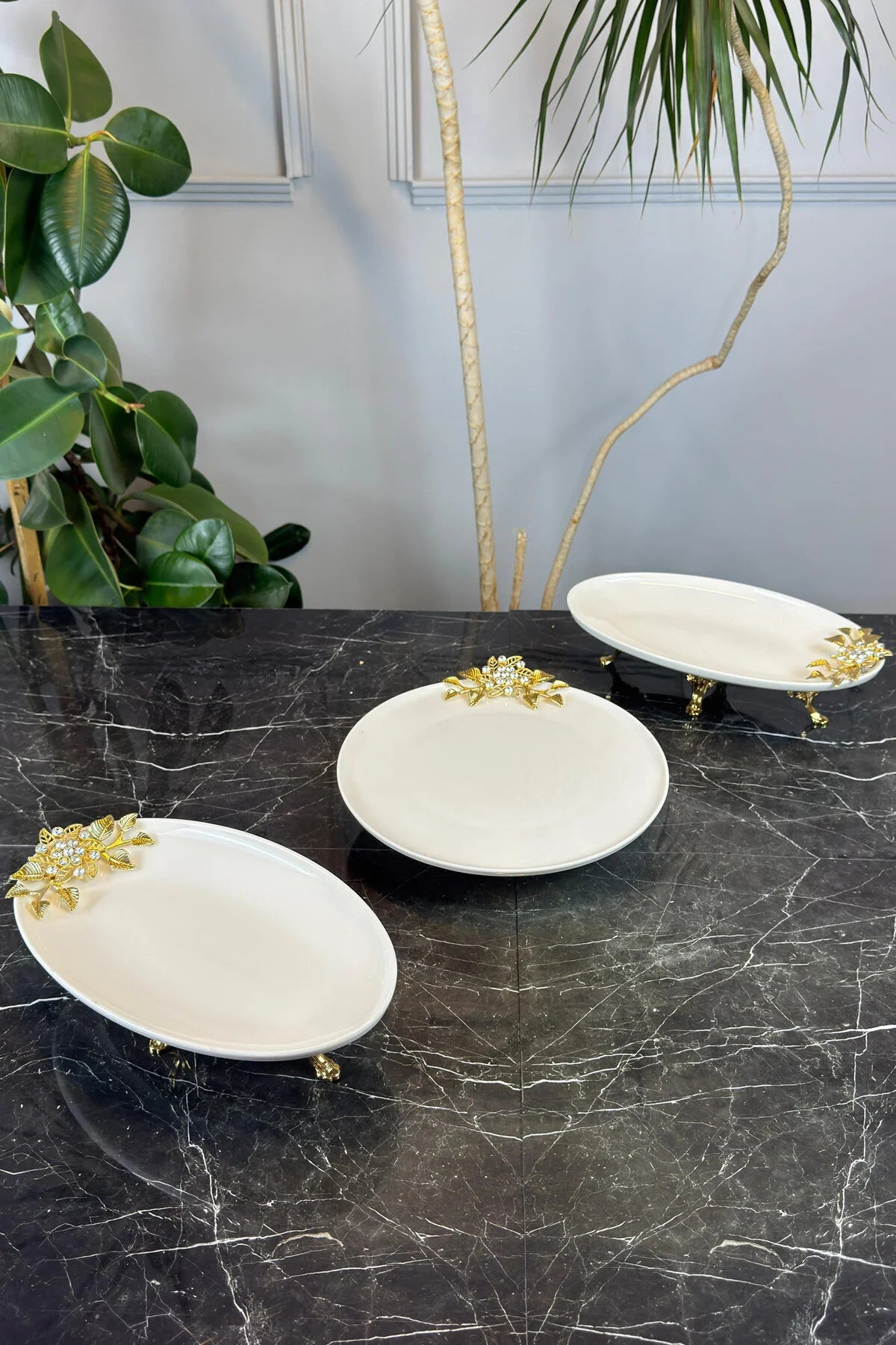 3 Parça Bron Gold Porselen Sofra Sunum Servis Seti & Yemek Tabağı Oval Meze Tabağı