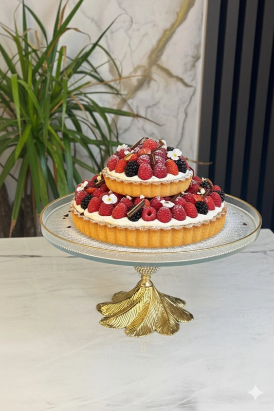Gold Detaylı Cam Sunum Tabağı & Ayaklı Pasta Kek Kurabiye Standı (28 Cm)