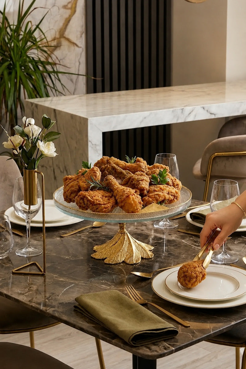 Gold Metal Ayaklı Sunumluk Servislik Cam Tabak & Kurabiye Pasta Tatlı Yemek Sunumluğu ( 26 CM)