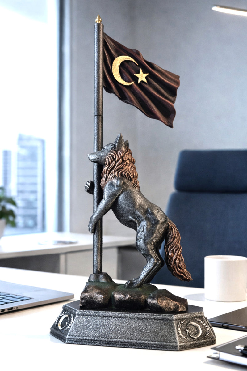 Bayrak Tutan Kurt biblo dekoratif Türk Bayrağı bozkurt Figürü