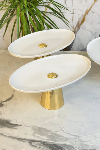 2'Li Porselen Gold Metal Ayaklı Kayık Meze Tabağı & Oval Yemek Sunumluk Servisliği ( Yıkanabilir)
