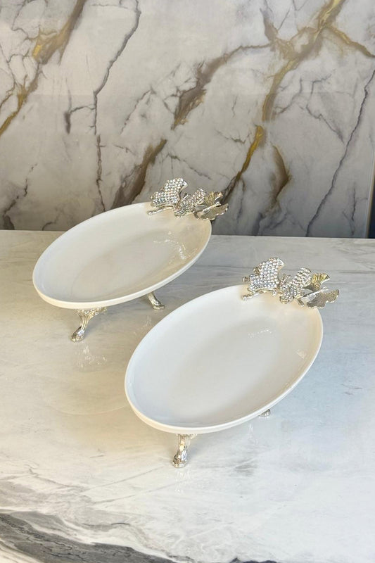 2'Li Pırlanta Kelebek Detaylı Porselen Kayık Tabak