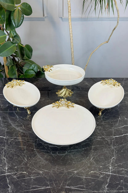 4 Parça Bron Gold Porselen Sofra Sunum Servis Seti & Yemek Tabağı Salata Kasesi Oval Meze Tabağı