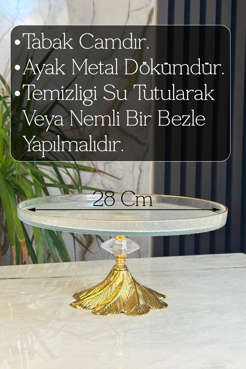 Gold Detaylı Cam Sunum Tabağı & Ayaklı Pasta Kek Kurabiye Standı (28 Cm)