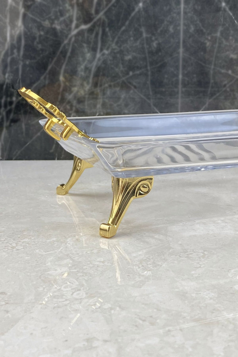 Lüks Gold Kulplu Cam Sunumluk Tepsi & Madlen Cam Sunumluk Servislik Tabak Nişan Tepsisi