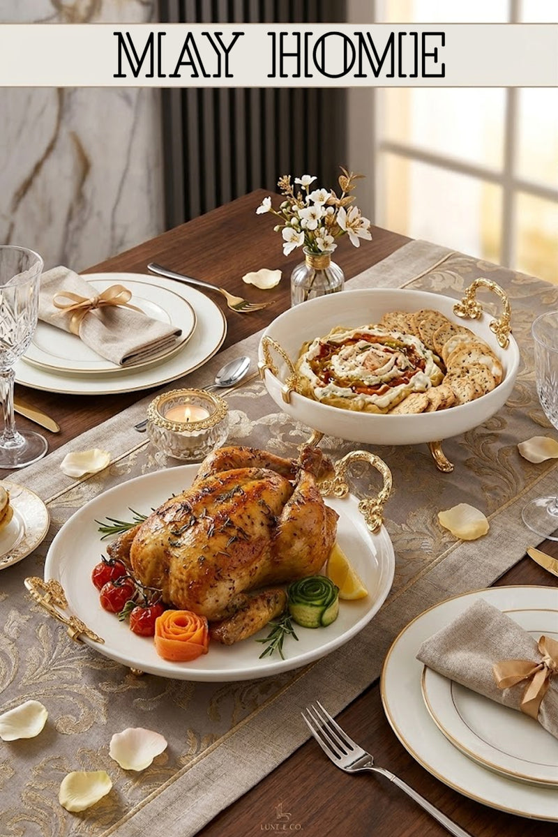 2'Li Metal Ayaklı Kulplu Porselen Sunumluk & Meze Pasta Kurabiye Servis Tabağı