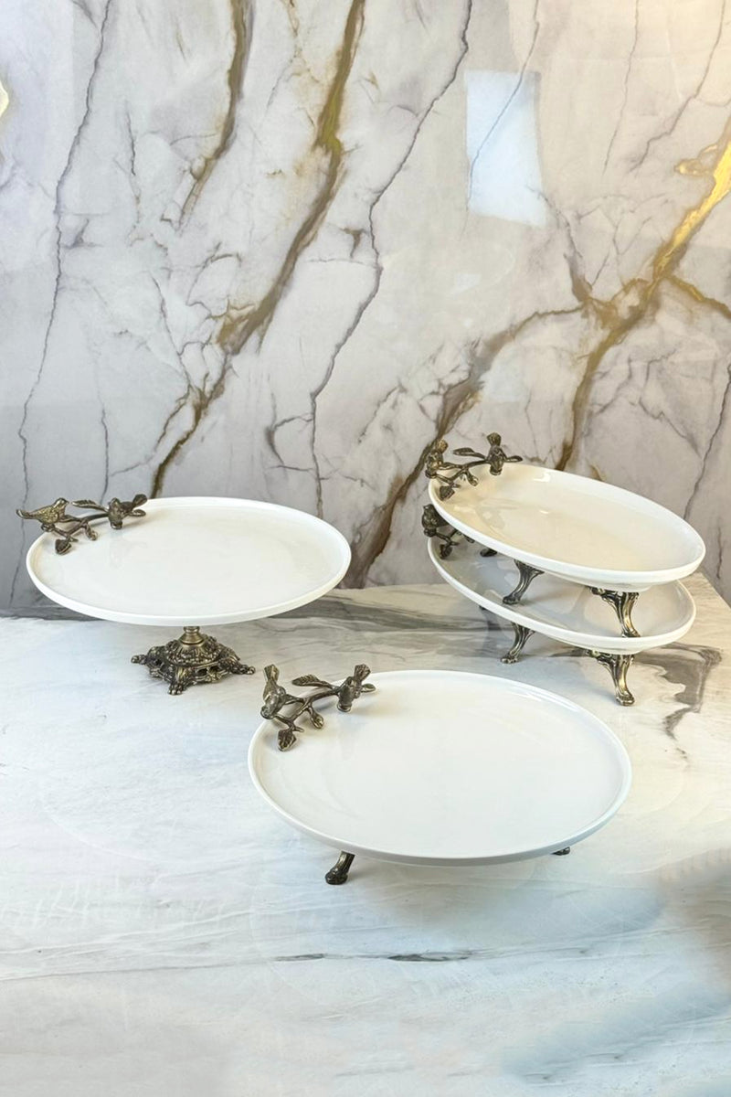 4 Parça Porselen Antik Kuş Sunum Tabak Seti & Oval Meze Yemek Sunumluğu