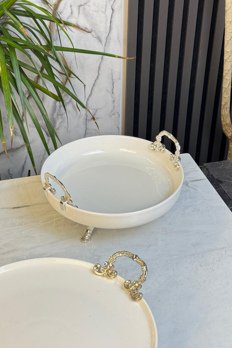 2'Li Metal Ayaklı Kulplu Porselen Sunumluk & Meze Pasta Kurabiye Servis Tabağı