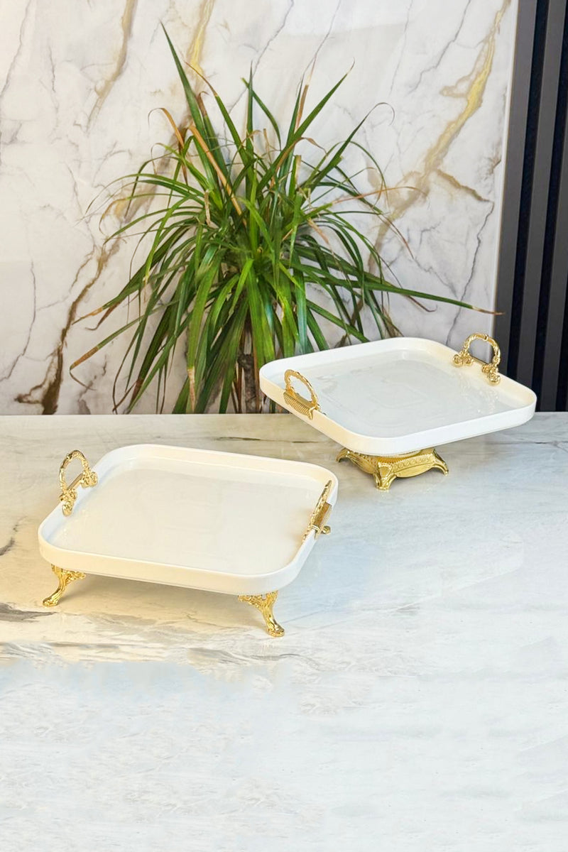 2'Li Ayaklı Kare Porselen Sunum Tabağı & Yemek Meze Salata Servisliği