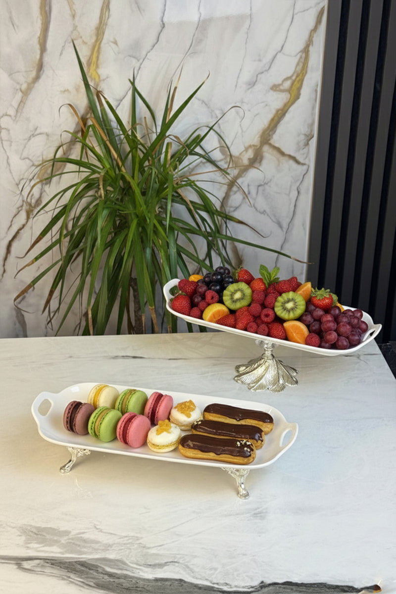 2'Li Ayaklı Porselen Kayık Sunum Tabağı & Kulplu Meze Yemek Servisliği