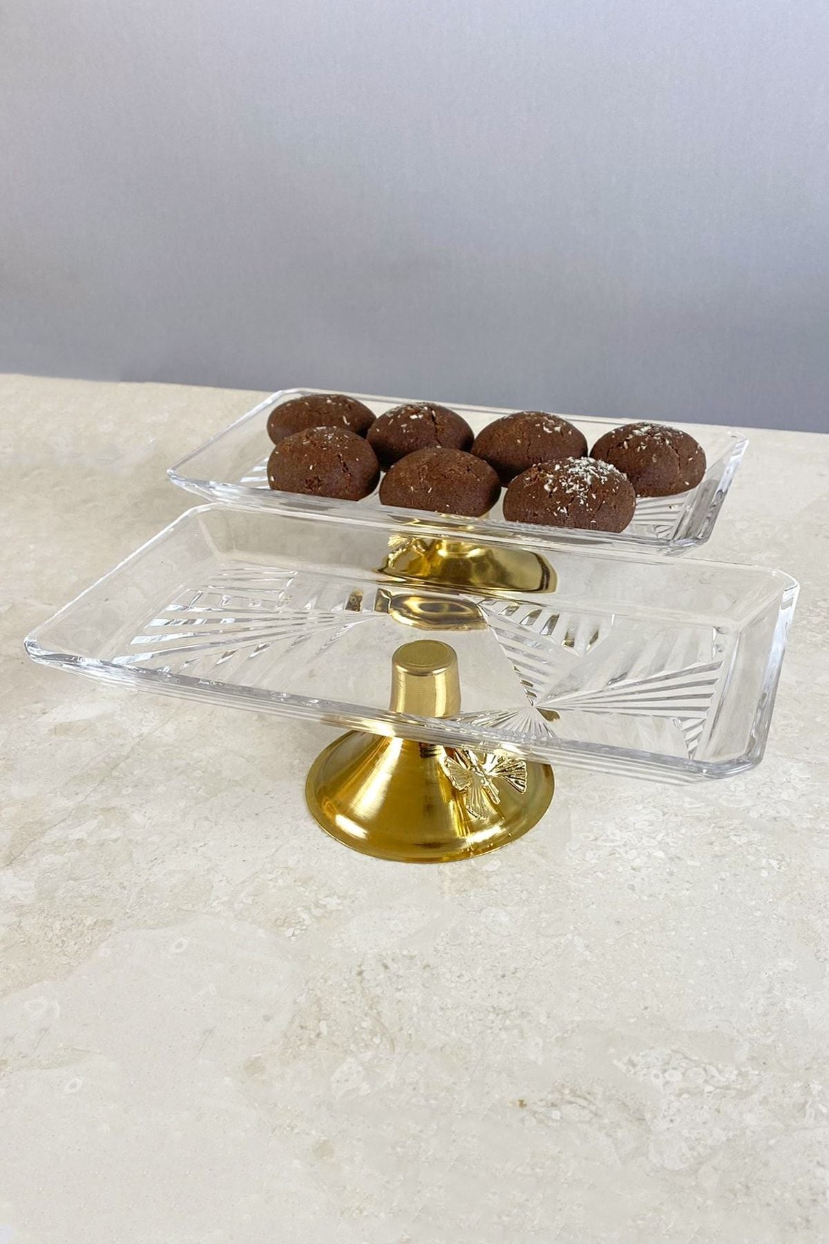 2'li Gold Metal Ayaklı Madlen Cam Sunum Tabağı & Ikramlık Tatlı Servis Tabağı