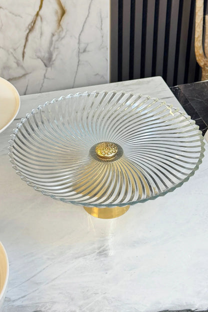 Gold Metal Ayaklı Cam Tabak & Kurabiye Kek Pasta Servisliği Sunumluğu (YIKANABİLİR)