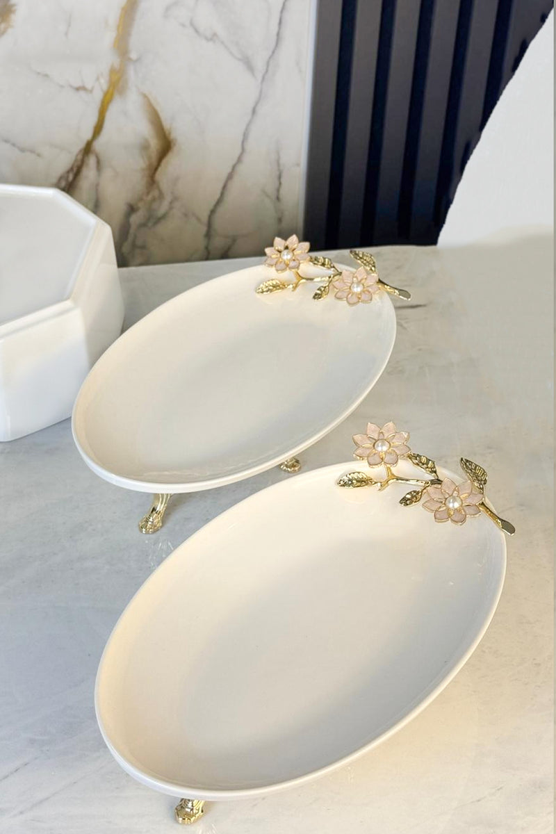 Çiçek Detaylı 2'Li Porselen Kayık Tabak & Oval Meze Salata Tabağı