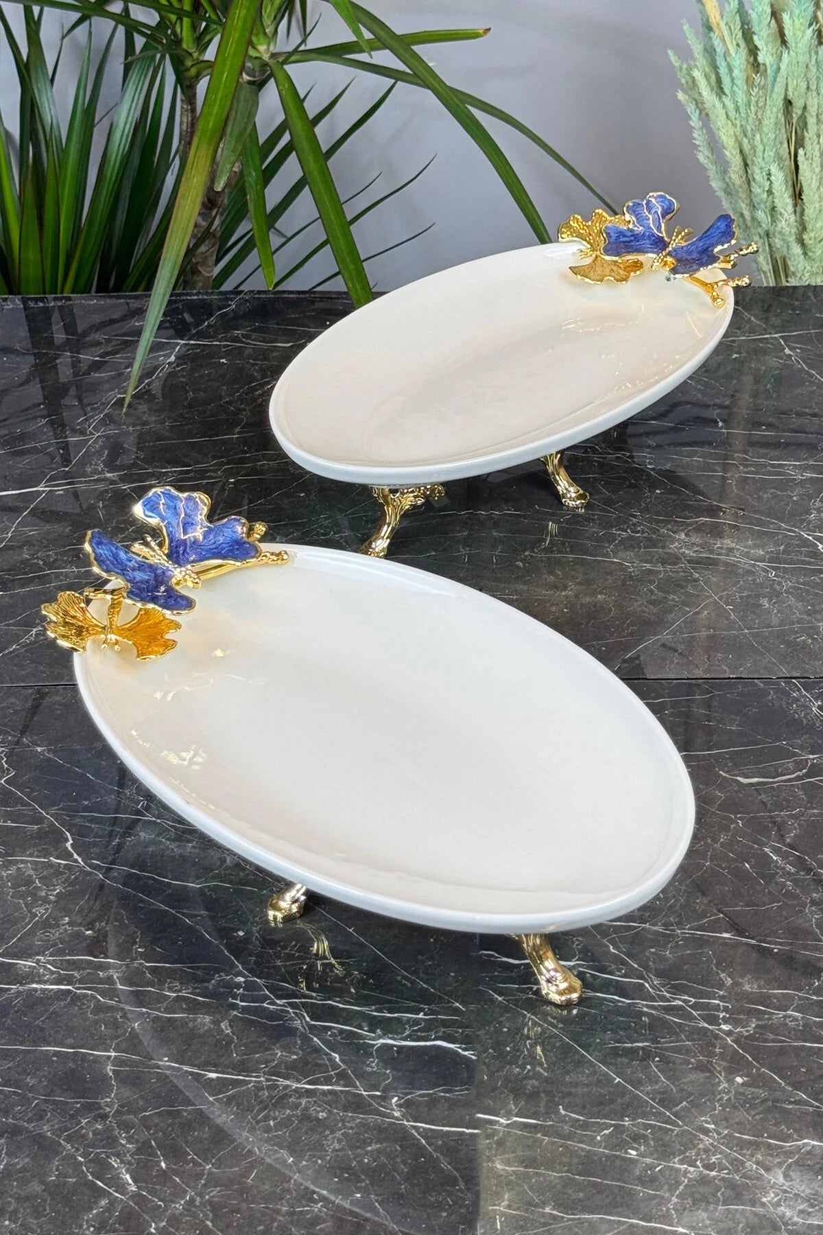 Blue Butterfly 3'Lü Sunum Servis Seti & Gold Ayaklı Kayık Yuvarlak Tabak