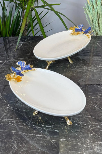 Blue Butterfly 3'Lü Sunum Servis Seti & Gold Ayaklı Kayık Yuvarlak Tabak