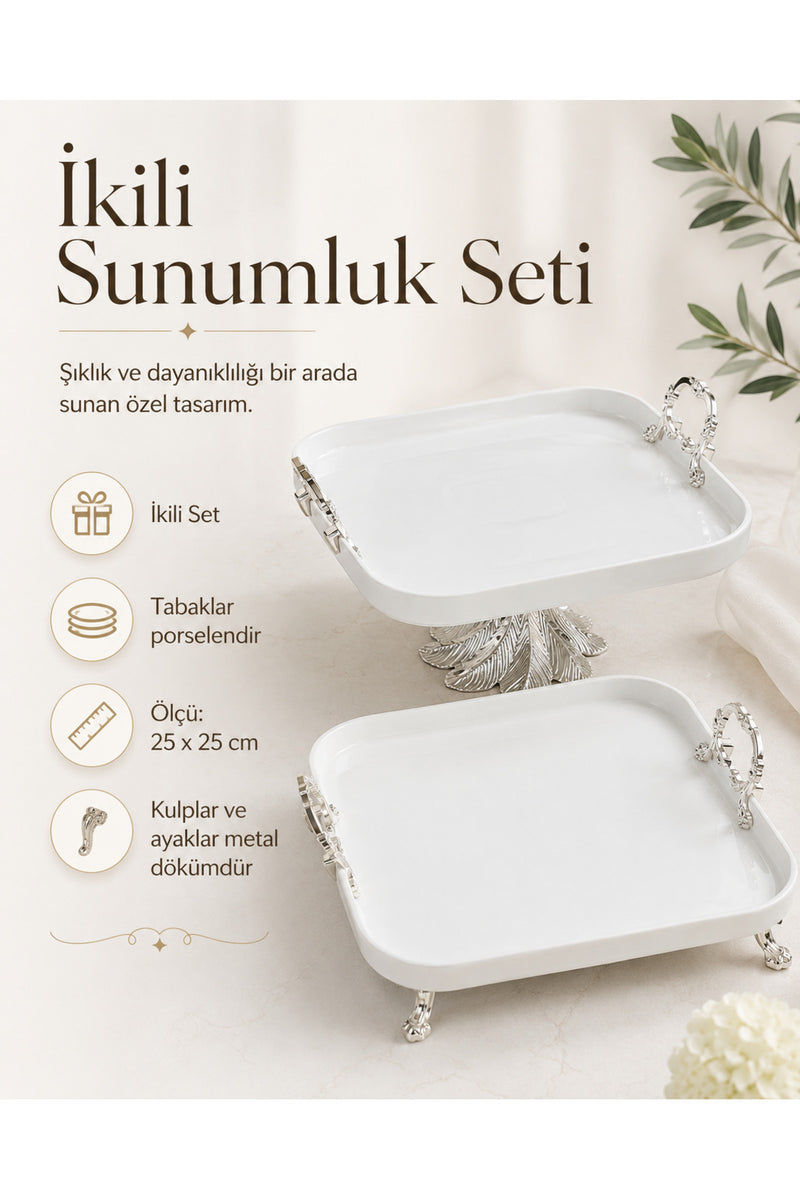 2'li Porselen Gümüş Sofra & Sunum & İkramlık & Kahvaltı Seti