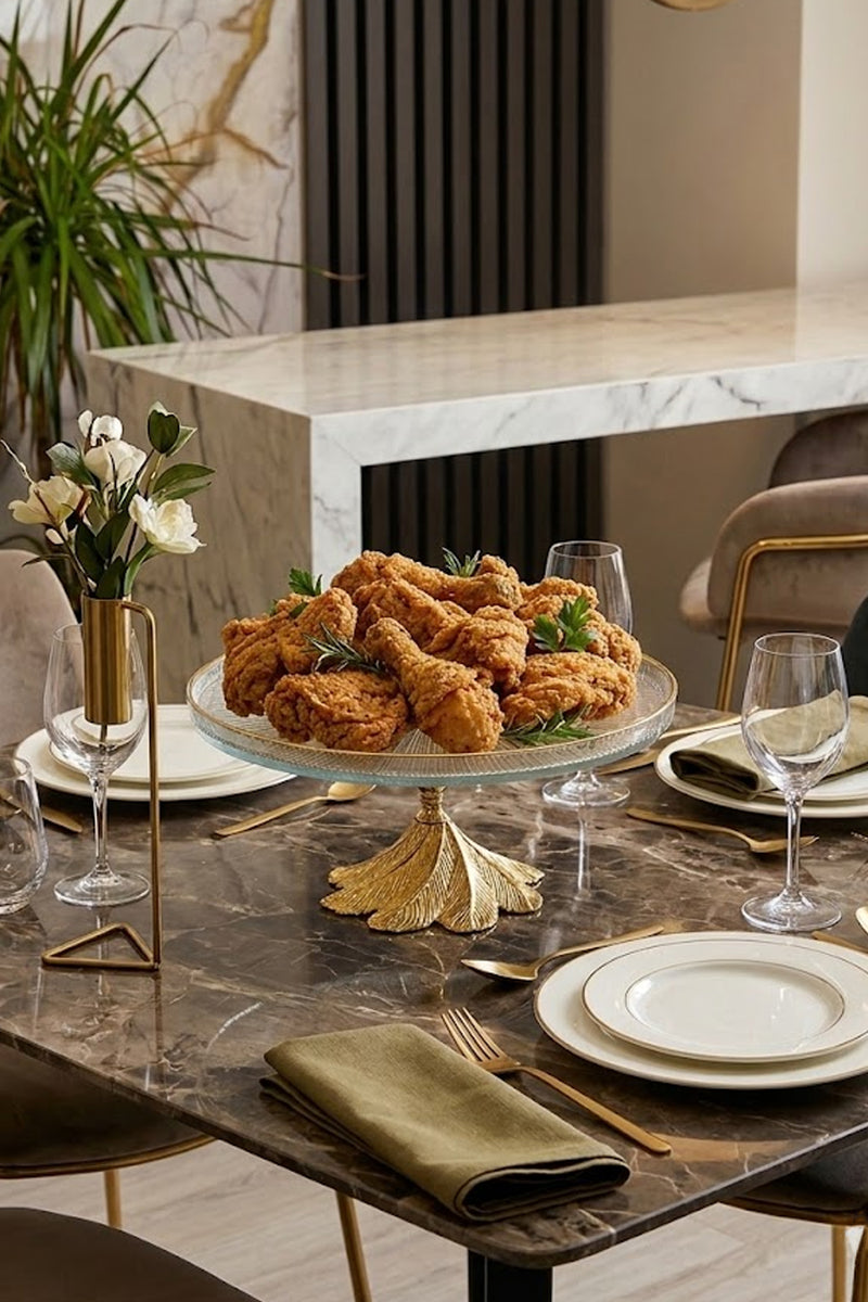 Gold Metal Ayaklı Sunumluk Servislik Cam Tabak & Kurabiye Pasta Tatlı Yemek Sunumluğu ( 26 CM)
