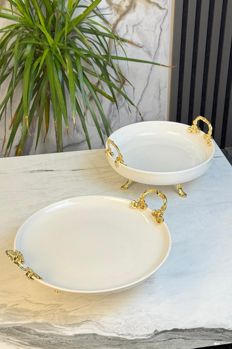 2'Li Metal Ayaklı Kulplu Porselen Sunumluk & Meze Pasta Kurabiye Servis Tabağı