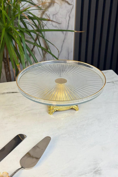 Yaldızlı Pasta Sunum Standı & Gold Ayaklı Cam Tabak (28 CM)