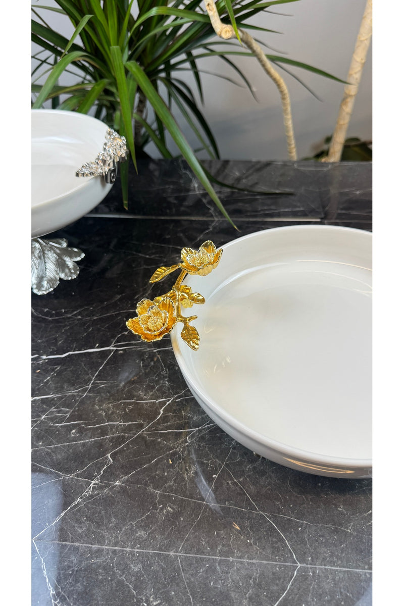 Gold Metal Ayaklı Salata Sunum Kasesi Tabağı & Çift Çiçek Model