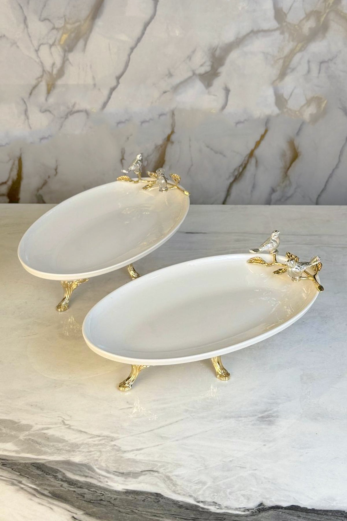 Çift Kuş Detaylı 2'Li Oval Porselen Tabak & Meze Salata İkram Sunumluğu