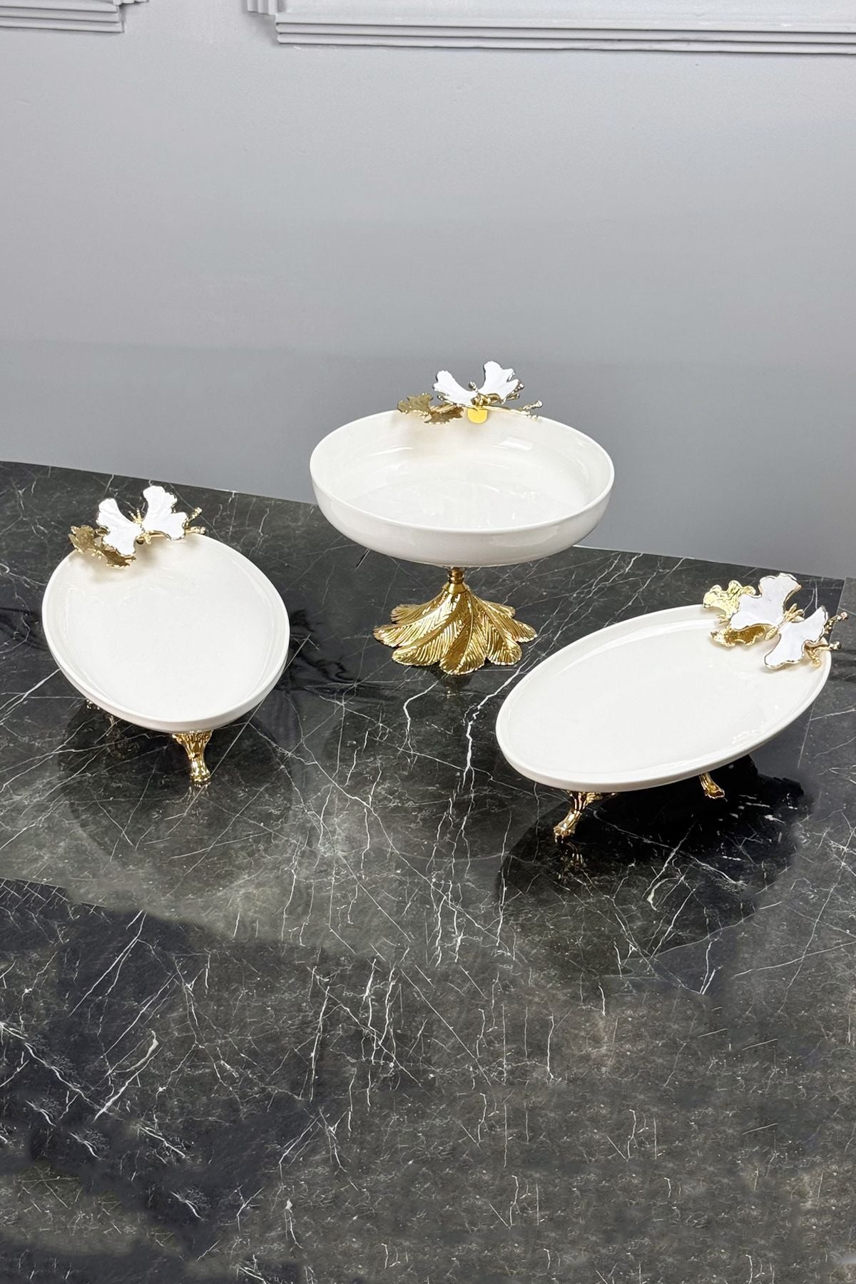 White Butterfly 3 Parça Porselen Sunum Servis Seti & Kand Ayak Salata Kase Oval Meze Tabağı