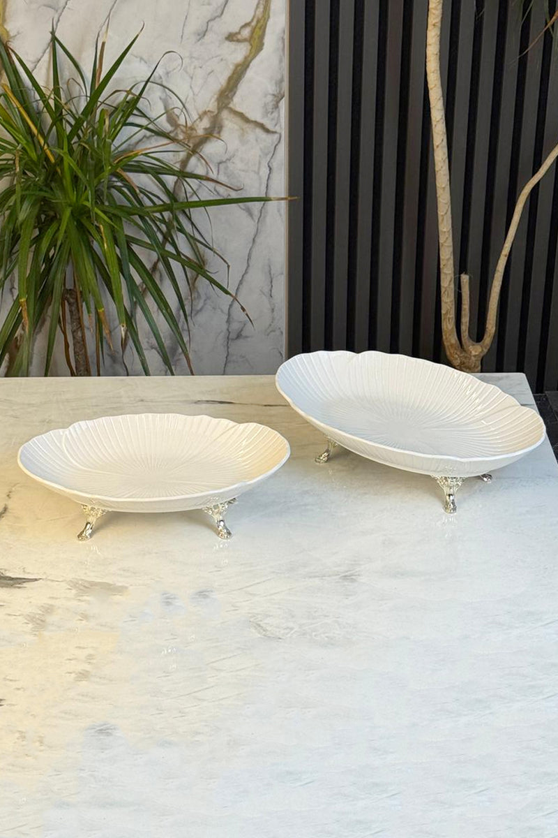 2'Li Porselen Kayık Sunum Tabağı & Metal Ayaklı Oval Meze Yemek İkramlık Servsiliği